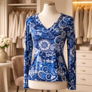 Chico's Travelers 3 Blue‎ Gray Paisley Mandela Stretch Pullover XL LS